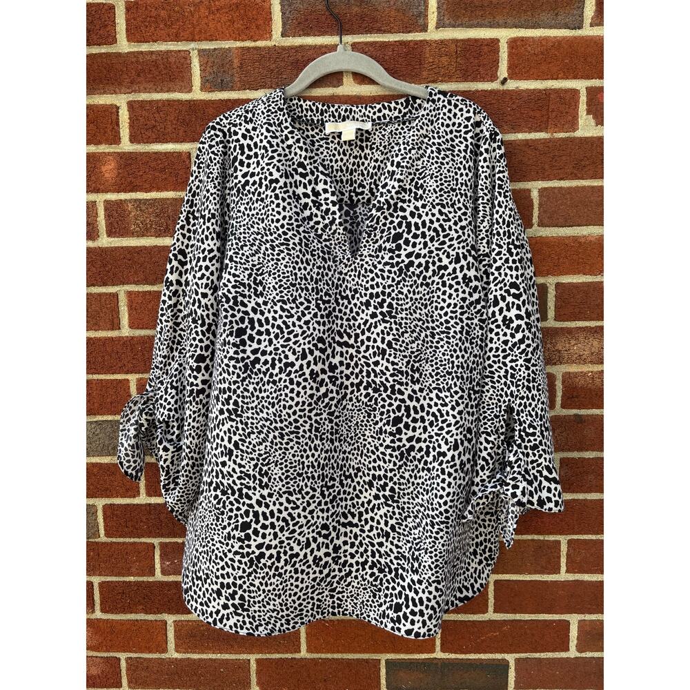 Michael Kors 1X Animal Print Blouse Plus Size Black White Tie Sleeve Top - Picture 2 of 9